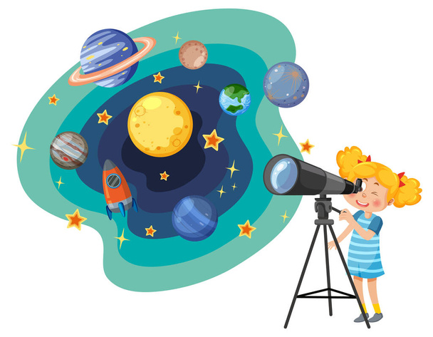 Девушка наблюдает за планетами с помощью телескопа - Вектор,изображение