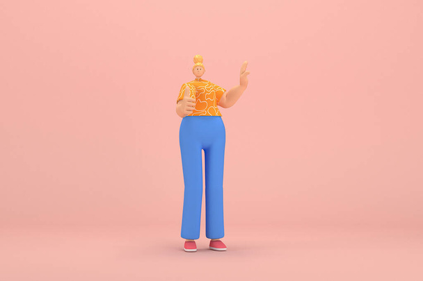 A nő arany hajjal, kék kordbársonynadrágban és narancssárga pólóban, fehér csíkokkal. Ő a kéz kifejezése, amikor beszél. 3D-s renderelés rajzfilm karakter színészi. - Fotó, kép