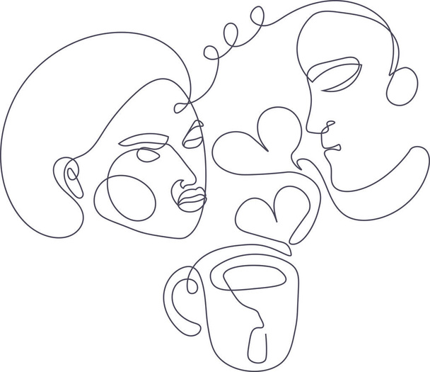 Valentijnsdag wenskaart met paar en kopje thee tekening in continue lijn stijl - Vector, afbeelding