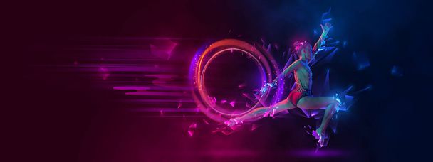Beauty. Flexible young little girl, female rhythmic gymnast dancing over blue-magent background with abstract geometric neoned elements. Concept of sport life, motivation, competition. Flyer - Photo, Image