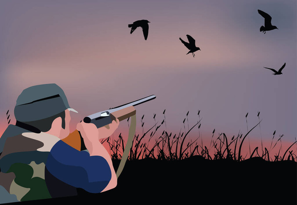 охотник в камуфляжной одежде целится в винтовку - Вектор,изображение