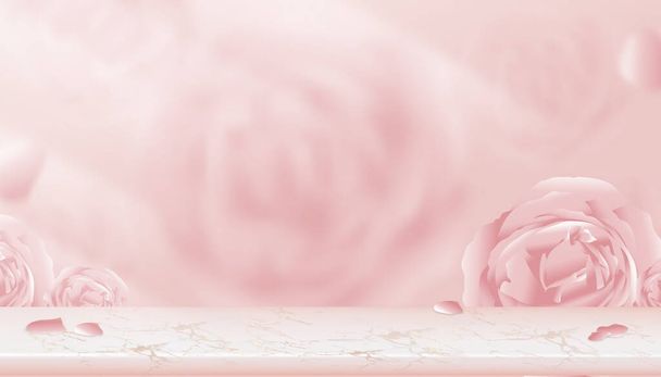 Exibição de parede de prateleira de mármore rosa com fundo de rosa inglês desfocado, Vector 3D Studio cena com flor de primavera desfocada, Banner de pano de fundo pastel rosa doce para o produto de beleza, Dia das mães, Dia dos namorados - Vetor, Imagem