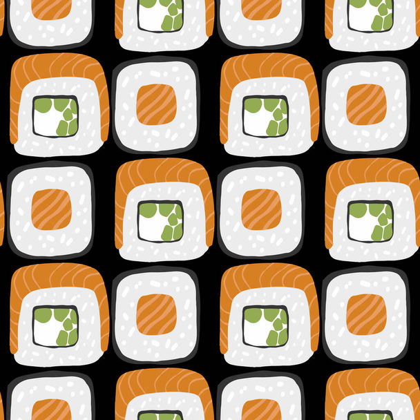 Patrón sin costura con ilustración de conjunto de rollo de sushi sobre fondo negro. - Vector, imagen