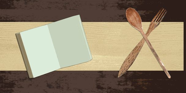 Topview of Set Cooking Wooden Utensils and Recipe Book on Table Background - Foto, afbeelding