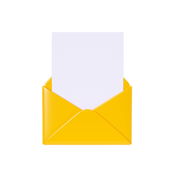Letter 3d rendering - otevřená žlutá obálka s prázdnou papírovou kartou izolovanou na bílém pozadí. Oznámení o nové poště nebo zprávě. Kreslený newsletter ikona pro příjem e-mail nebo koncepce poštovního předplatného. - Fotografie, Obrázek