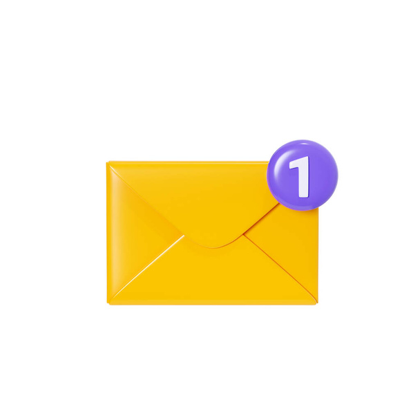 Lettera 3d render - busta gialla chiusa con notifica isolata su sfondo bianco. Nuovi introiti per posta o messaggi. Icona della newsletter cartacea per e-mail o abbonamento postale. - Foto, immagini