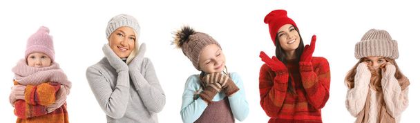 Conjunto de niños y mujeres en suéteres de punto aislados en blanco - Foto, imagen