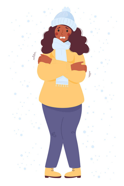 Woman ethnic black freezing wearing winter clothes shivering under snow. Cartoon flat vector illustration. Concept Winter season and suffering of low degrees temperature. - Vector, Image