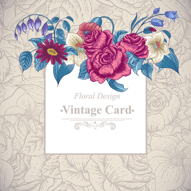 Vintage floral card with roses and wild flowers - Vector, Image