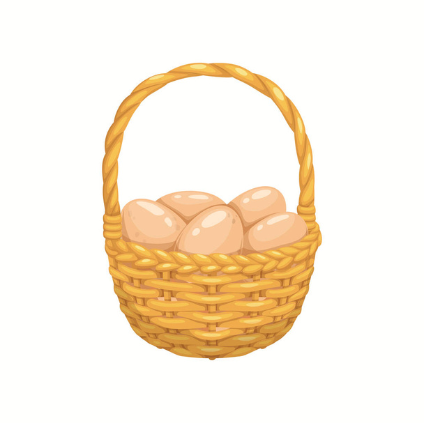 Kreslená kuřecí vejce v košíku, izolovaný vektorový proutěný hrnec s hromadou čerstvých hnědých vajec na bílém pozadí, velikonoční oslava, chov drůbeže, zdravé jídlo - Vektor, obrázek