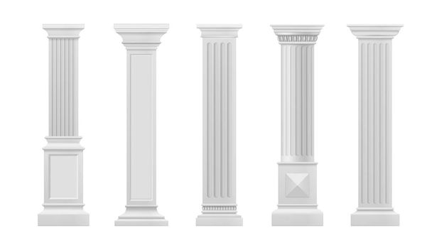 Μαρμάρινη κολώνα και κολώνες. Μεμονωμένα διανυσματικά σύνολα αρχαίων κλασικών πέτρινων αξόνων. Αρχιτεκτονικά στοιχεία ρωμαϊκής ή ελληνικής αρχιτεκτονικής με αυλάκι στολίδι για εσωτερικό σχέδιο πρόσοψης ρεαλιστικό 3d mockup - Διάνυσμα, εικόνα