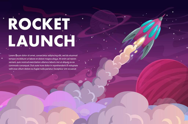 Rocket launch to galaxy space, fast start theme with cartoon rocket and chemtrail clouds. Vector poster with shuttle take off to outer space with smog trail. Successful project startup, career boost - Vector, Image