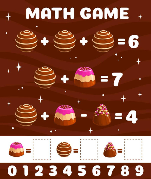 Cartoon chocolate candies. Math game worksheet. Kids mathematical playing activity, addition and subtraction vector game or puzzle for children with chocolate praline dessert, sweet truffle candies - Vector, Image