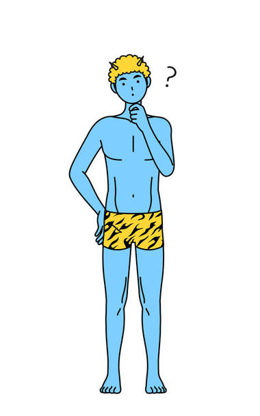 Hagyományos japán esemény, februárban Setsubun, egy kék ogre férfi tigris mintás nadrágot visel kérdésekkel. - Vektor, kép