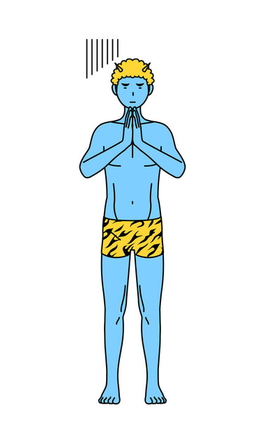 Geleneksel Japon etkinliği, Setsubun şubatta kaplan desenli pantolon giyen ve elleri vücudunun önünde özür dileyen bir dev.. - Vektör, Görsel