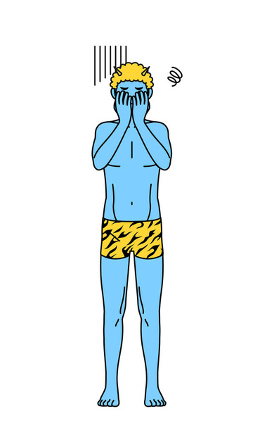 Evento tradicional japonés, Setsubun en febrero, un ogro azul vistiendo pantalones estampados de tigre cubriéndose la cara con depresión. - Vector, imagen