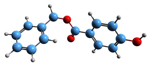 Image 3D de la formule squelettique du benzylparabène - structure chimique moléculaire du 4-hydroxybenzoate de benzyle isolé sur fond blanc - Photo, image