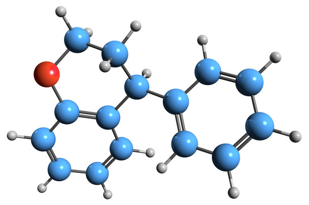 BenzachRoman骨格式の3D画像-白い背景に単離されたフラボノイドの分子化学構造 - 写真・画像