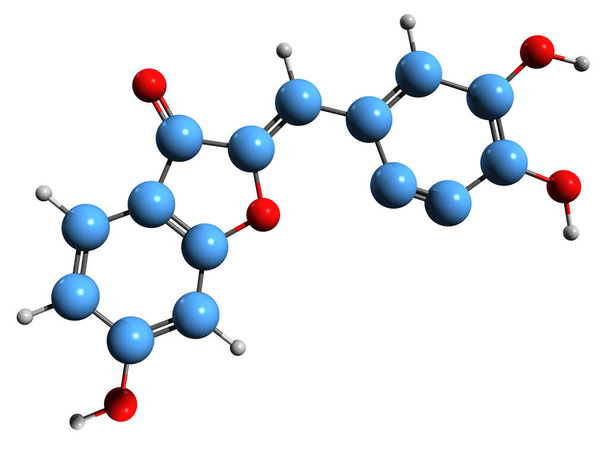  3D изображение скелетной формулы сульфуретина - молекулярная химическая структура флавоноида, выделенная на белом фоне - Фото, изображение