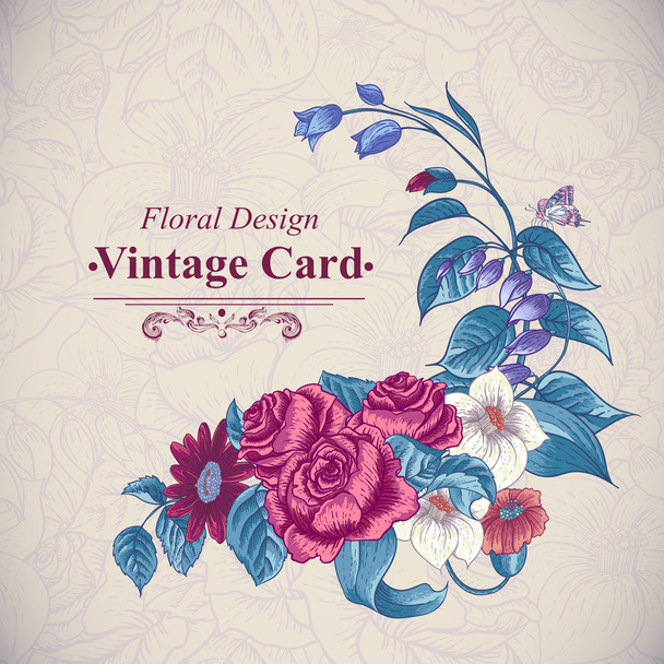 バラと野の花でヴィンテージの花カード - ベクター画像