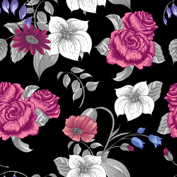 Naadloze bloemmotief met rozen en wilde bloemen - Vector, afbeelding