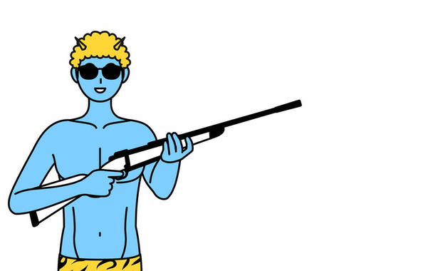 Traditionelles japanisches Ereignis, Setsubun im Februar, Ein blauer Menschenfresser trägt eine Hose mit Tigermuster, Sonnenbrille und ein Gewehr in der Hand. - Vektor, Bild