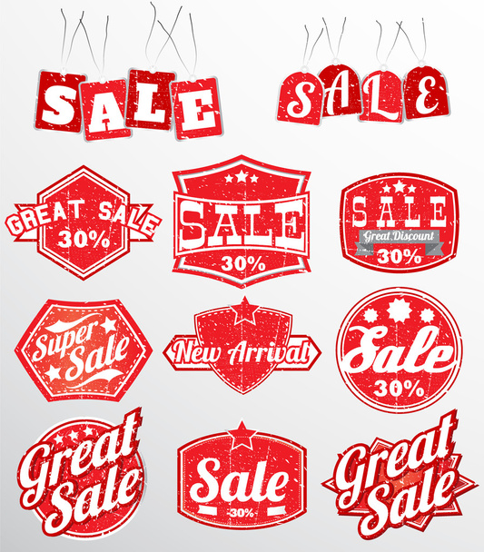 Abstract verkoop items (gedetailleerde en schaduwrijke) met winkelwagentjes en shopping tassen en verkoop etiketten - Vector, afbeelding