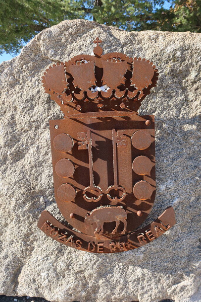Rozas de Puerto Real, Madrid, España, 1 de diciembre de 2022: Vista vertical. Escudo de hierro sobre una roca en Rozas de Puerto Real, Madrid. España - Foto, imagen