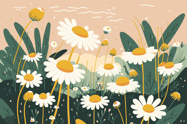 白いカモミールの花自然背景イラスト招待状とグリーティングカード - ベクター画像