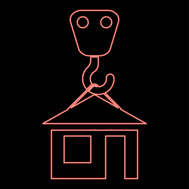 Неоновий кран гак піднімає будинок Тримає значок даху будинок чорного кольору Векторні ілюстрації плоский стиль простого зображення червоного кольору Векторні ілюстрації зображення плоский стиль світла
 - Вектор, зображення