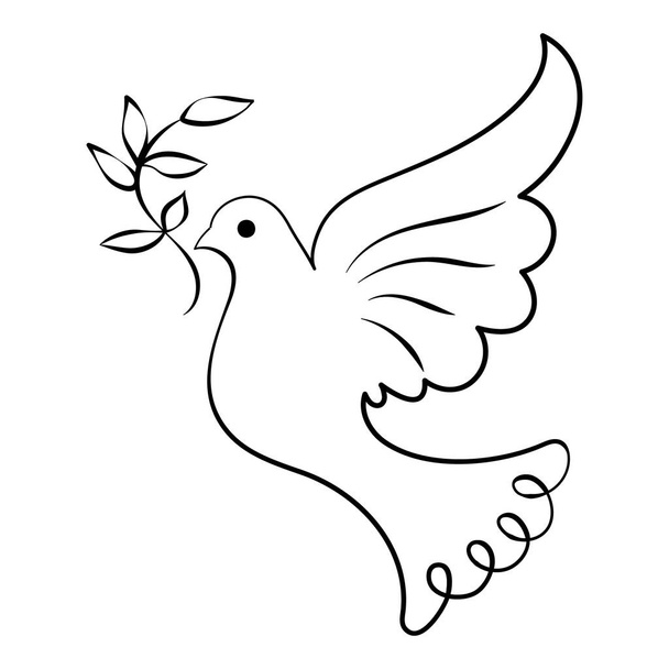 Line art, dove with twig, bird of peace. Black and white illustration, vector - Vector, Image