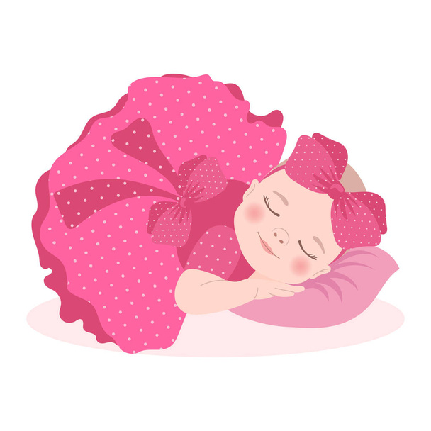 Cute śpiąca dziewczynka w różowej sukience z kokardą, noworodka dziewczynka. Karta dla dzieci, druk, wektor - Wektor, obraz