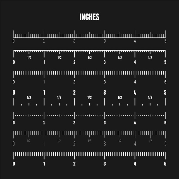 Realistic white inch scale for measuring length or height. Various measurement scales with divisions. Ruler, tape measure marks, size indicators. Vector illustration. - Vecteur, image