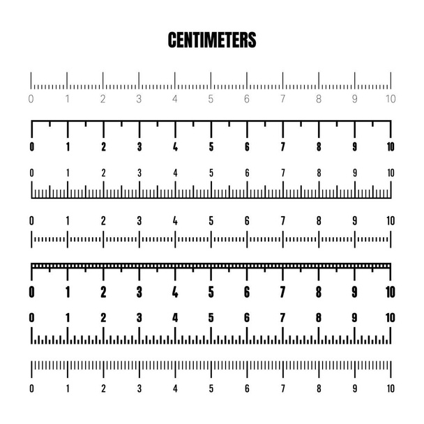 Realistic black centimeter scale for measuring length or height. Various measurement scales with divisions. Ruler, tape measure marks, size indicators. Vector illustration. - Vector, Image