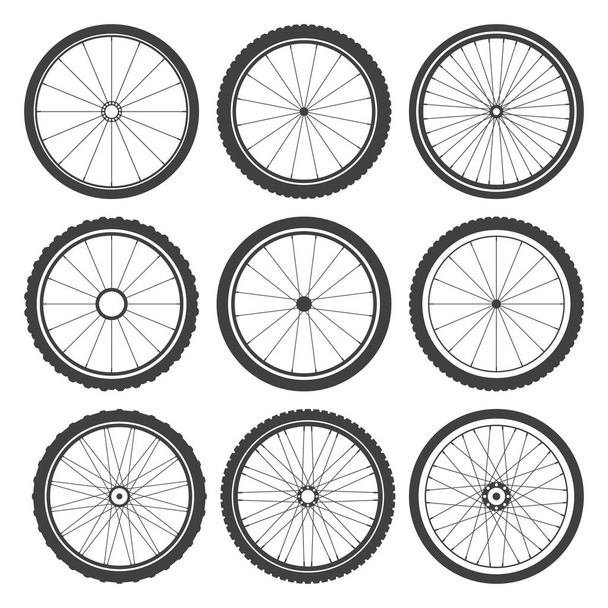 Kolekce symbolů černých kol. Siluety gumových pneumatik. Fitness cyklus, silniční a horské kolo. Vektorová ilustrace - Vektor, obrázek