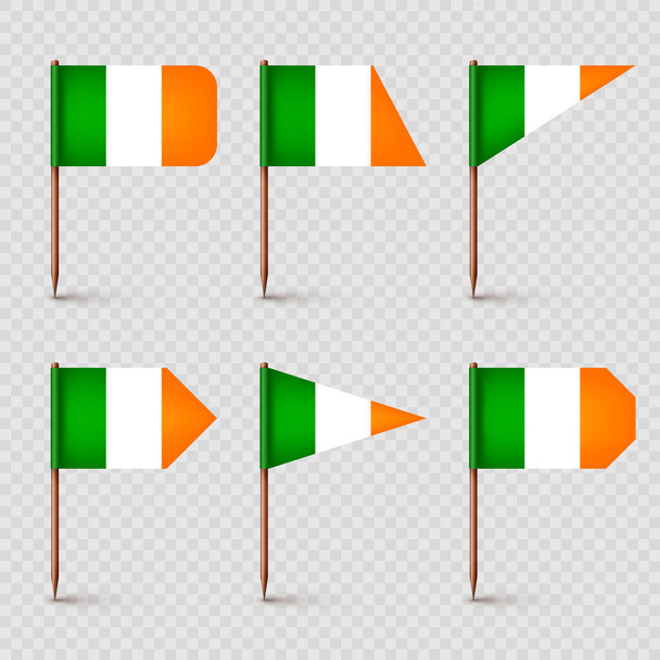 Ρεαλιστικές διάφορες ιρλανδικές σημαίες οδοντογλυφίδας. Σουβενίρ από την Ιρλανδία. Ξύλινες οδοντογλυφίδες με χάρτινη σημαία Σημάδι θέσης, δείκτης χάρτη. Κενό μακιγιάζ για διαφημίσεις και προαγωγές. Εικονογράφηση διανύσματος. - Διάνυσμα, εικόνα