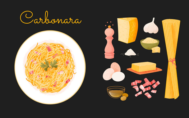Pasta carbonara instrucción receta. Concepto de Carbonara pasos de preparación con ingredientes. Infografía de la cocina italiana de espaguetis. Ilustración vectorial - Vector, imagen