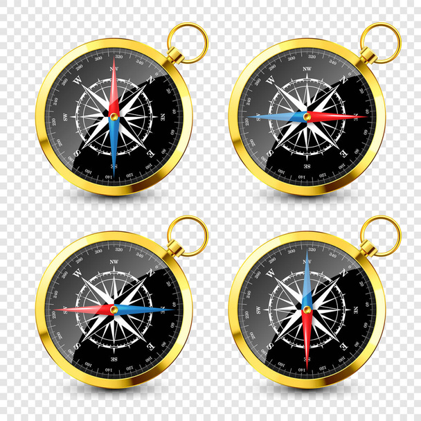 Realistic golden vintage compass with marine wind rose and cardinal directions of North, East, South, West. Shiny metal navigational compass. Cartography and navigation. Vector illustration. - Vector, Image