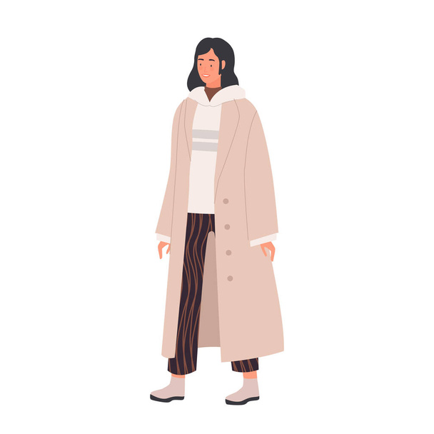 Chica con abrigo largo y cálido. Moda de ropa de invierno, traje para ilustración de vectores de clima frío - Vector, imagen