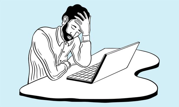 грустный, разочарованный человек, работающий над ноутбуком, разочарованный человек, нарисованный вручную вектором - Вектор,изображение