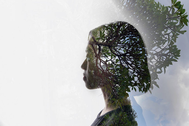 Double exposure woman on white background and outdoor nature tree plants  - Photo, Image