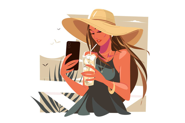 Дівчина в стильному капелюсі бере селфі з коктейлем Векторні ілюстрації. Літні канікули і партійний час концепція плоского стилю
 - Вектор, зображення