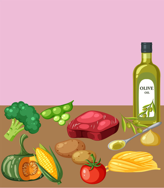 Különböző élelmiszerek az asztalon illusztráció - Vektor, kép