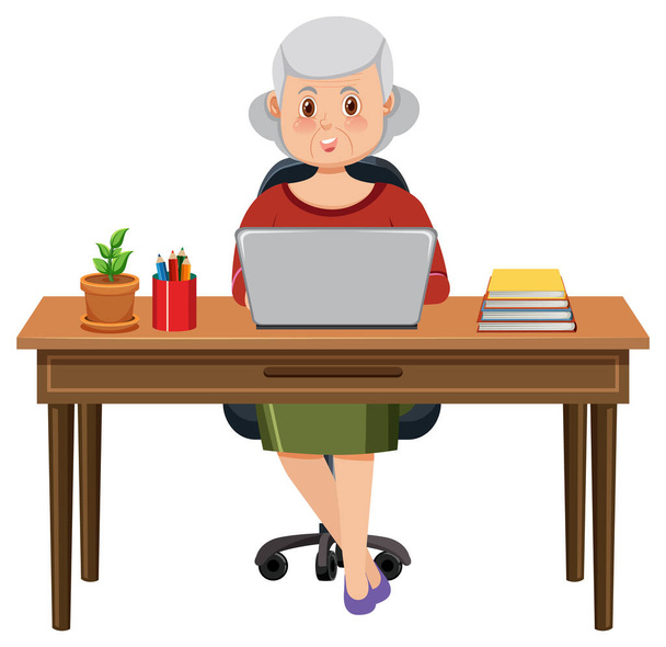 Mujer vieja sentada delante de la ilustración portátil - Vector, Imagen