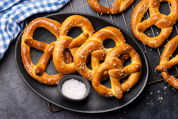 Freshly baked homemade pretzels. Flat lay - Photo, Image