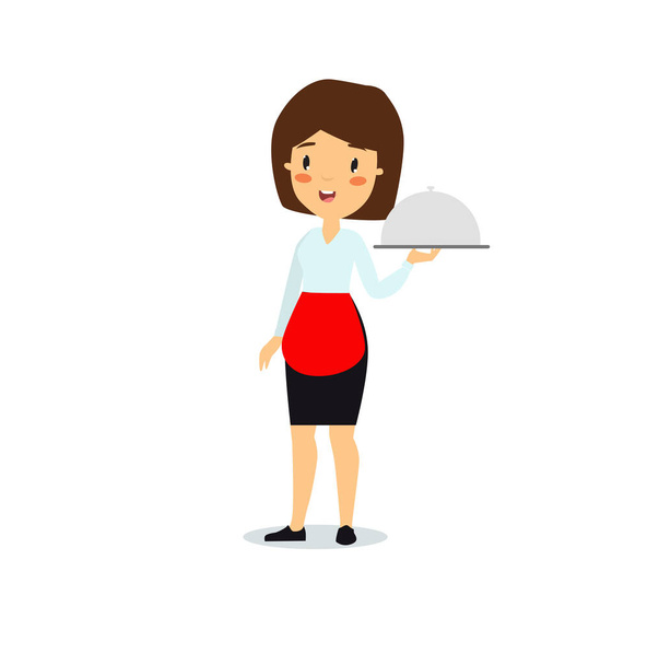 Girl waiter. Caf, restaurant worker. Bring lunch, dinner, breakfast. Service staff. Girl at work. - Vector, Image