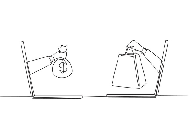Yhden rivin piirustus kaksi kättä pois kannettavan tietokoneen näytön vaihtaa ostoskassit rahaa laukku. Myynti, digitaalinen maksutapa. Moderni jatkuva linja piirtää suunnittelu graafinen vektori kuva - Vektori, kuva
