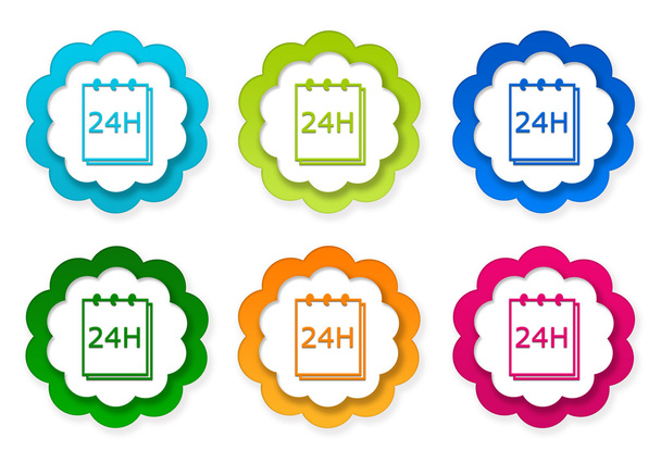 Conjunto de iconos de pegatinas de colores con bloc de notas 24 horas símbolo de soporte
 - Foto, imagen