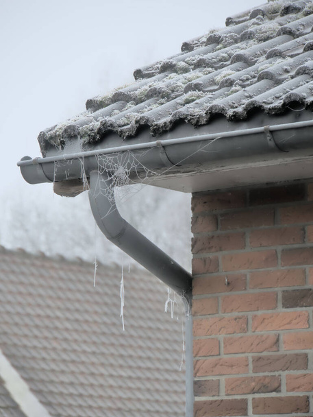 bottom of roof, gutter and spider web covered by frost - Photo, Image