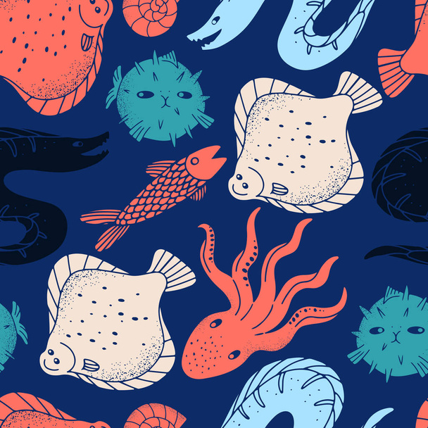 Sevimli el çizimi, deniz balığı ve hayvanların linocut dizaynı ile pürüzsüz bir desen. - Vektör, Görsel